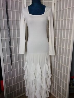 Off-White Long Sleeve Ruffled Hem Maxi Dress